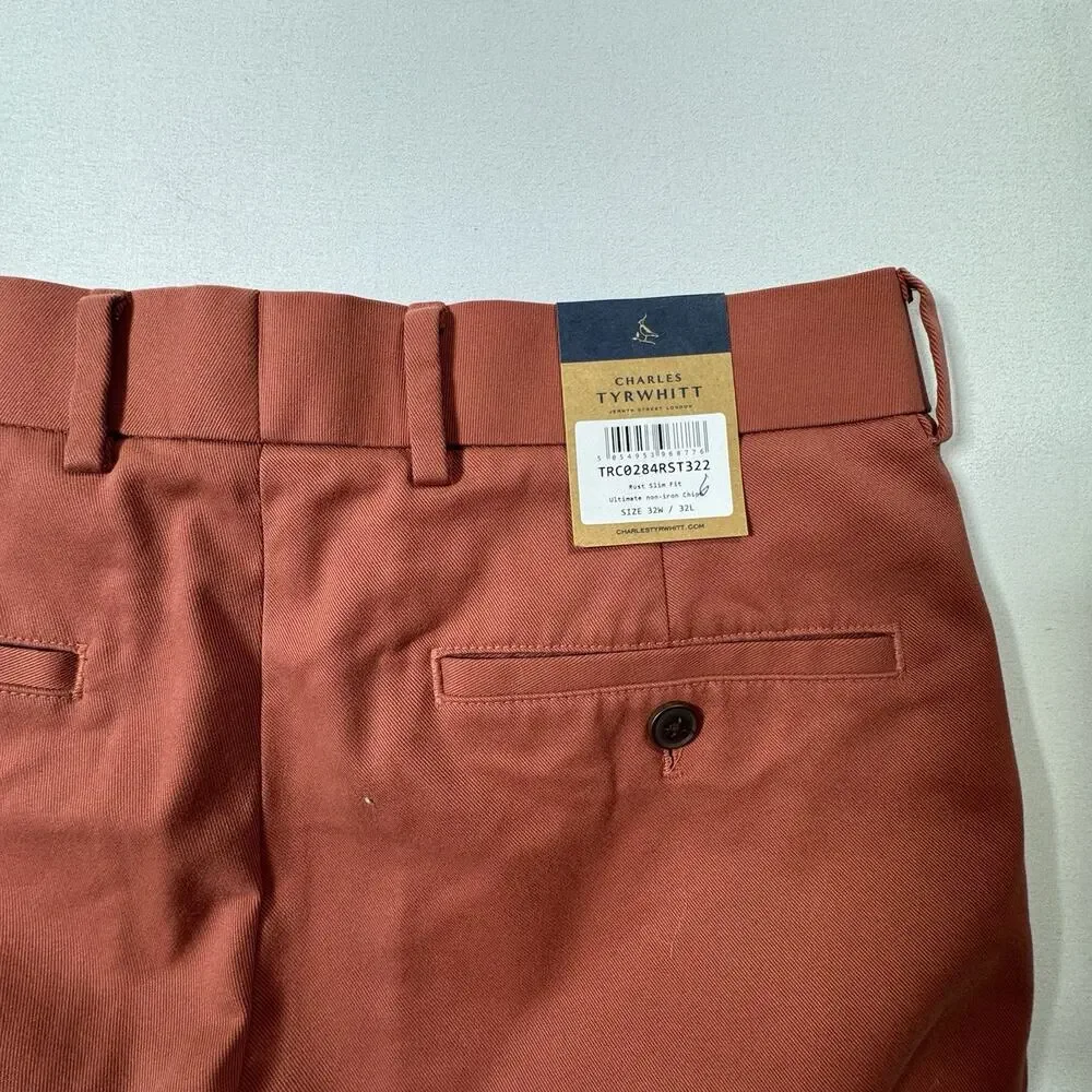 Charles Tyrwhitt Rust Chinos 32x32 Hemmed 29 Slim Fit Non Iron Pants NEW NWT - Picture 3 of 9